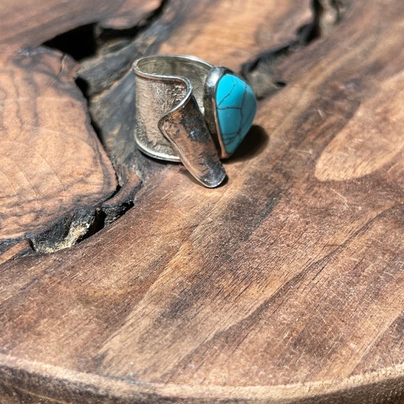Vintage HOB Mexico Sterling Silver Turquoise Wrap Bypass Southwestern Ring, 8.5 - Picture 5 of 7